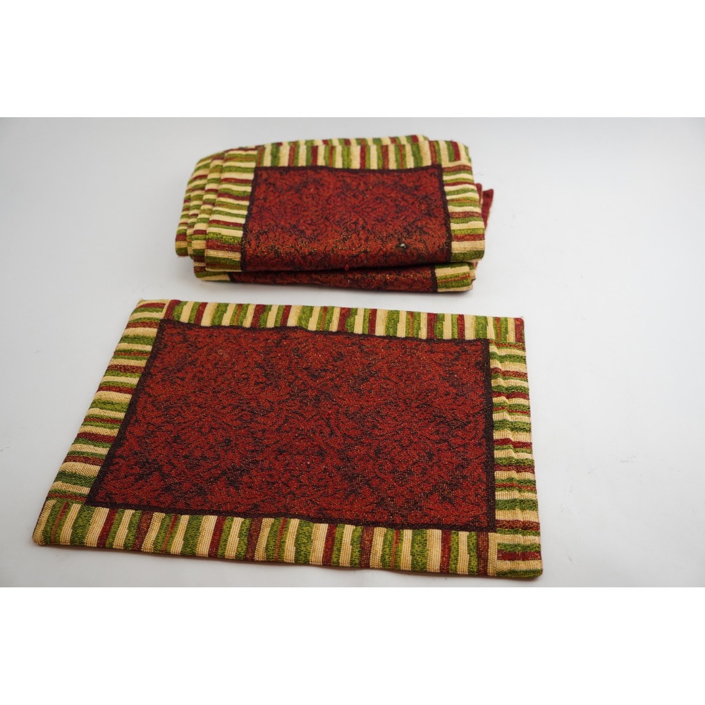 Woven Placemats Set of 8 Red Green Striped Christmas Tapestry